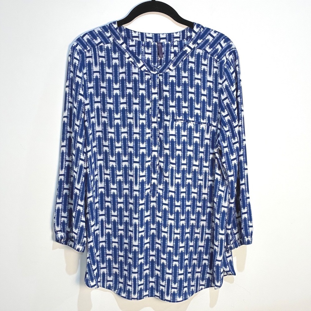 NYDJ Blouse Geometric Flowy Print  Blue White Coastal Classic Large